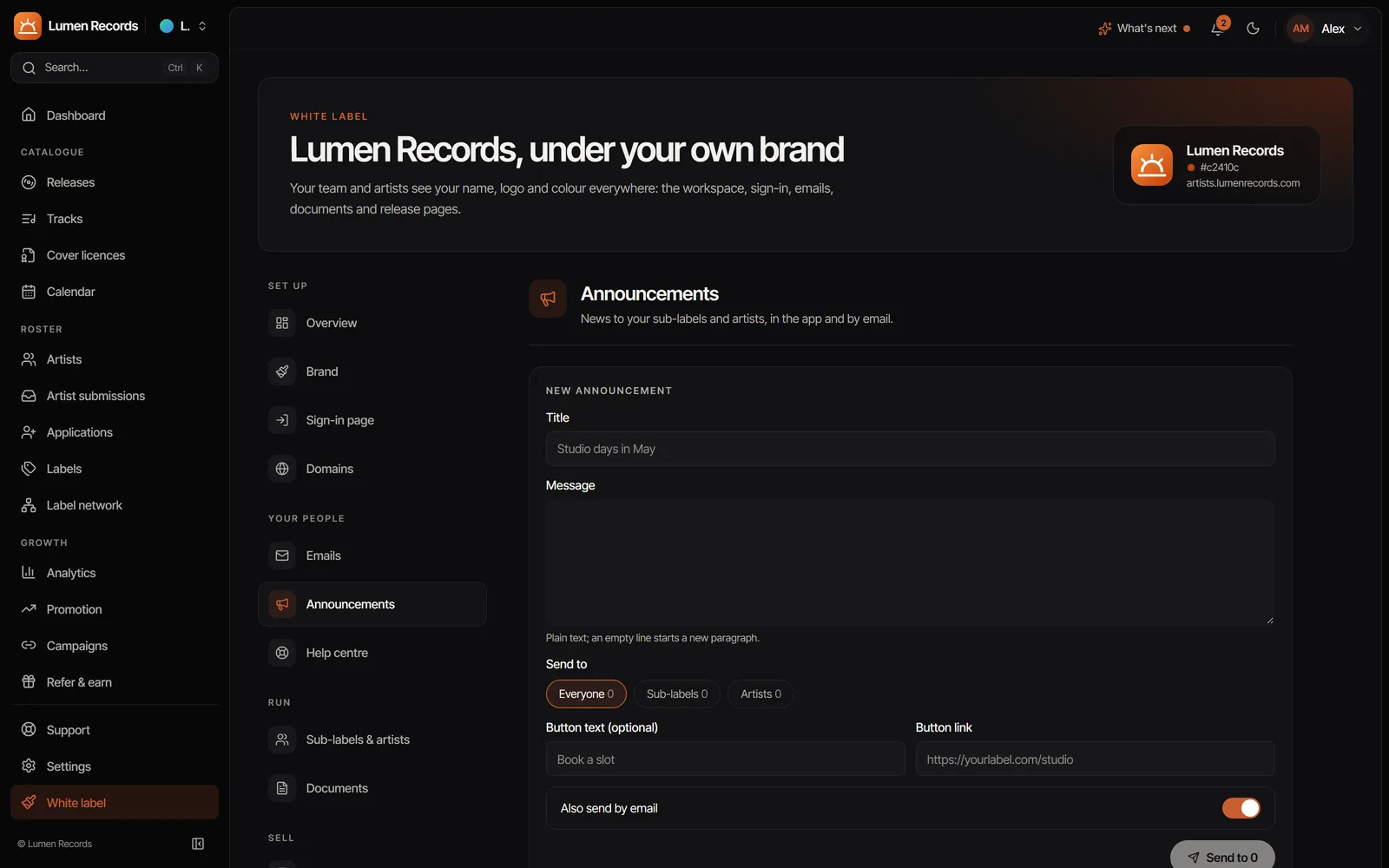 White label announcements: writing news to sub-labels and artists, in the app and by email