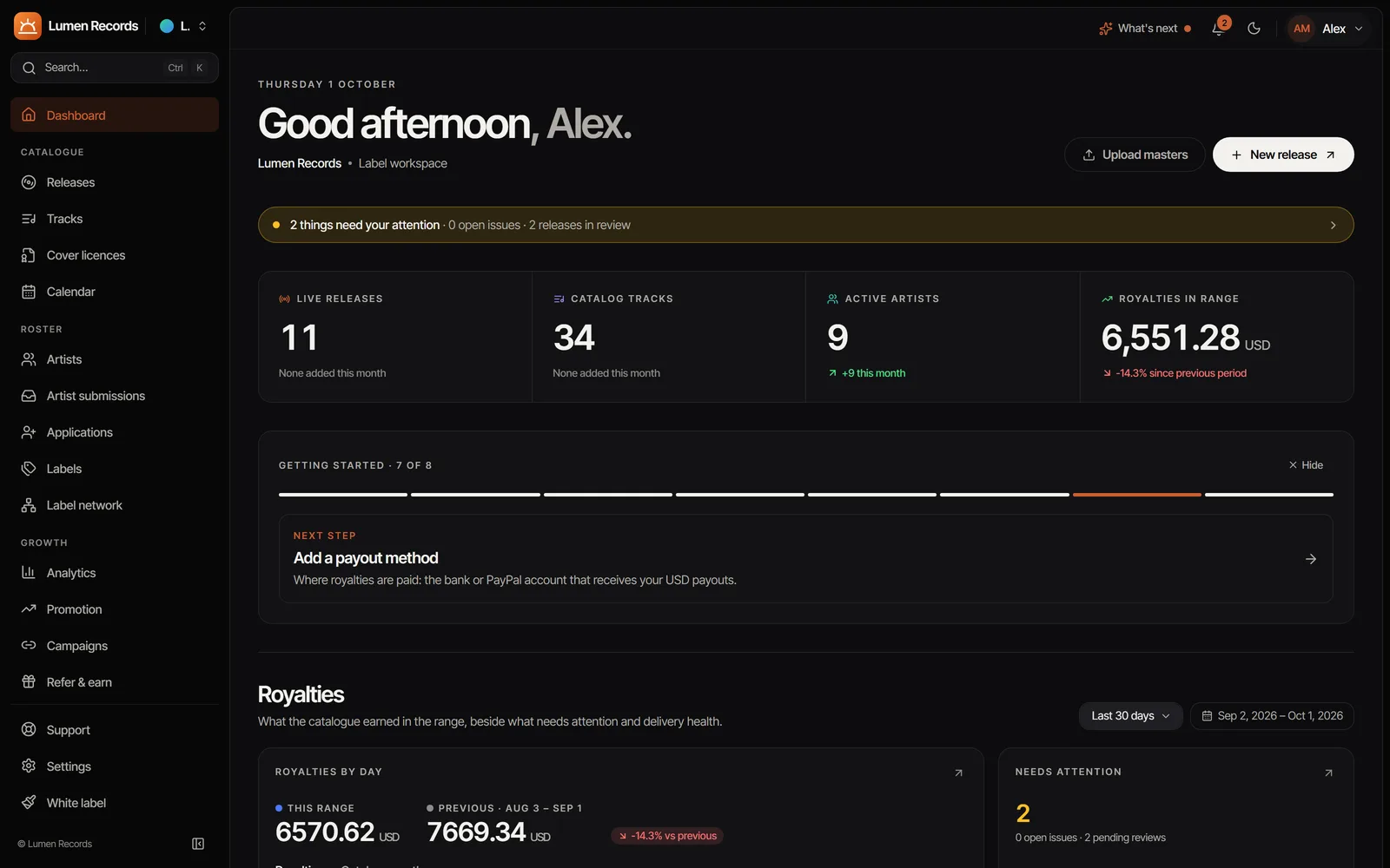 The Lumen Records workspace dashboard: the label's name, logo and orange accent across the menu, stats and royalties