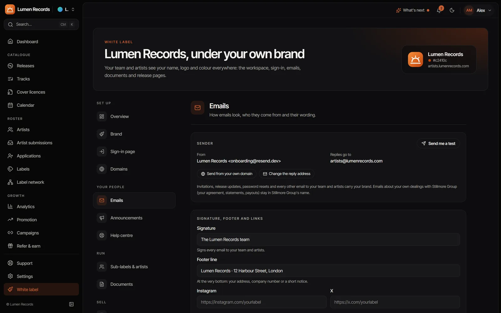 White label email settings: sender name, wording, signature and footer